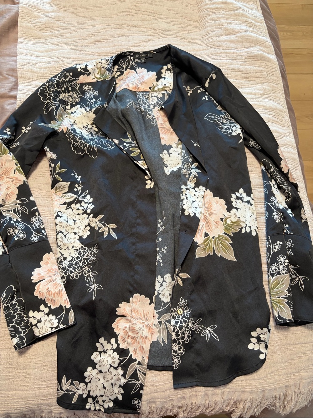 Dynamite Black Open-Front Blazer with Blush Floral Print